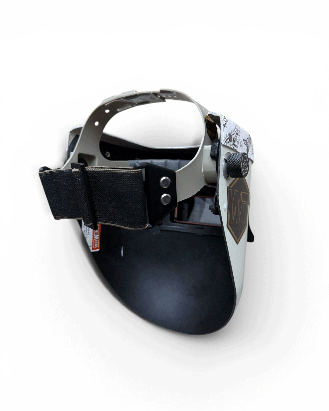 READY TO SHIP – Slim WHITE PAISLEY F. Chopped Pipeliner Welding Helmet | Cherry Red Floral Leather Top w/Alpha Strap Headgear and Flip-Front Adapter